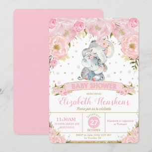 Elephant Floral Baby Shower Invitation Girl