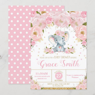 Elephant Floral Baby Shower Invitation Girl