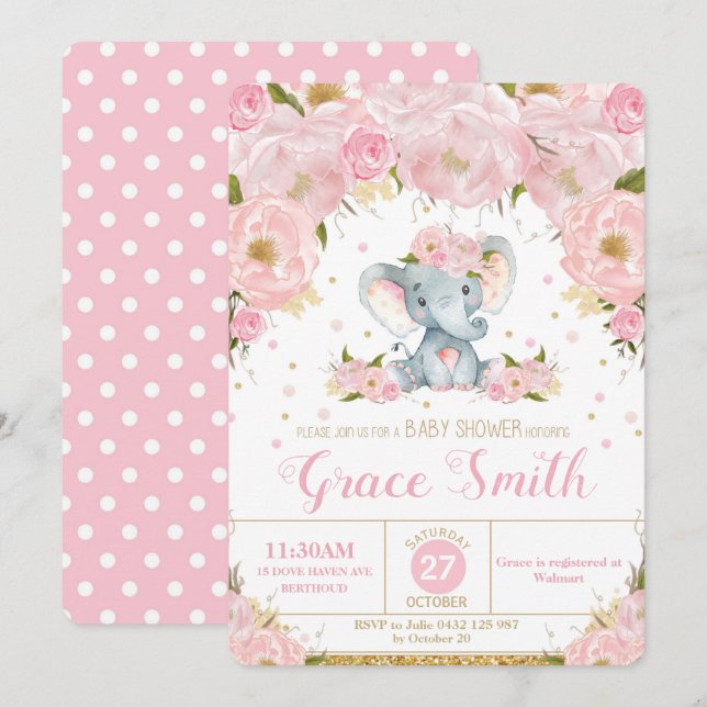 Elephant Floral Baby Shower Invitation Girl (Front/Back)