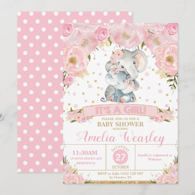Elephant Floral Baby Shower Invitation Girl (Front/Back)