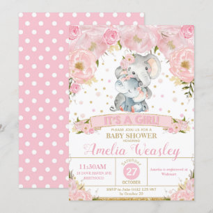 Elephant Floral Baby Shower Invitation Girl