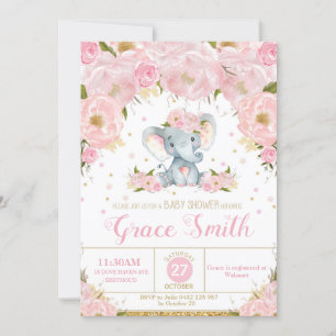 Elephant Floral Baby Shower Invitation Girl