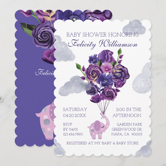 Elephant Floral Balloons Baby Shower Invitation (Front/Back)