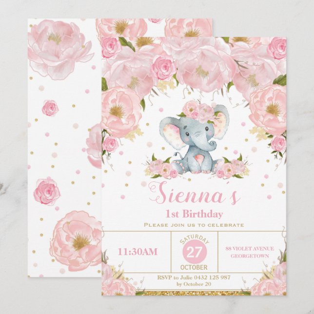 Elephant Floral Birthday Party Invitation Girl (Front/Back)