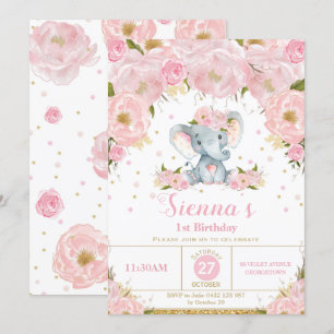 Elephant Floral Birthday Party Invitation Girl