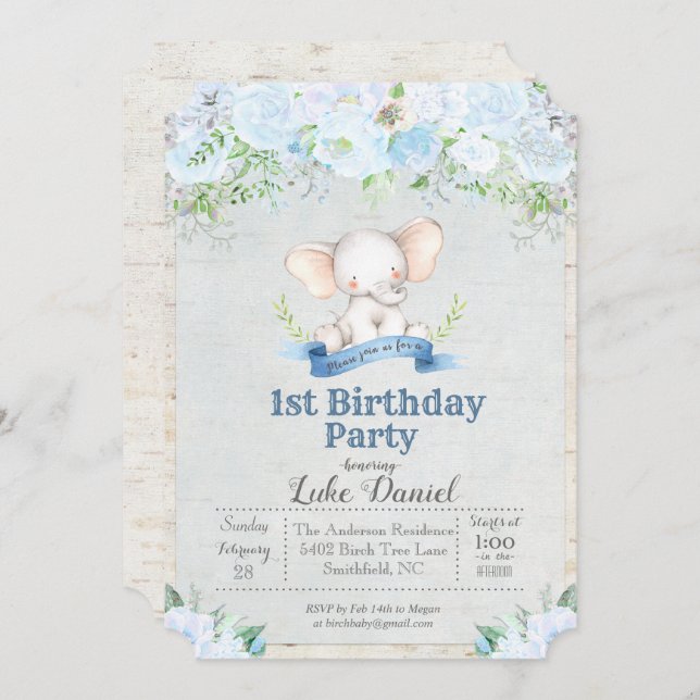 Elephant Floral Boy 1st Birthday Party Invitation (Front/Back)