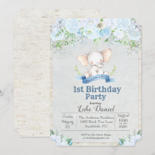 Elephant Floral Boy 1st Birthday Party Invitation