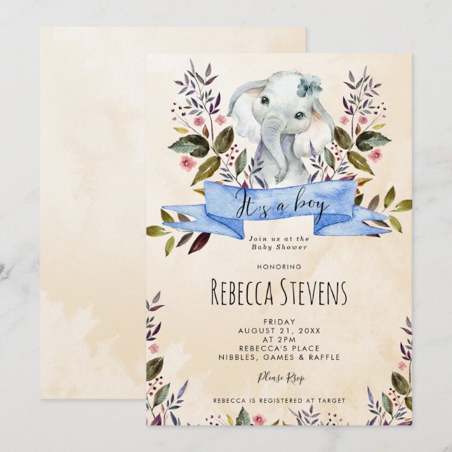 Elephant floral boy baby shower invitation (Front/Back)