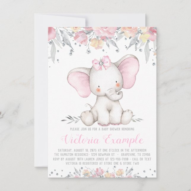 Elephant Floral Diamond Girl Baby Shower Invitation (Front)