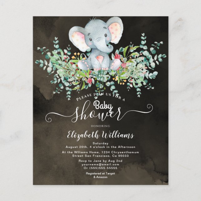 Elephant Floral Eucalyptus Baby shower Invitations Flyer (Front)