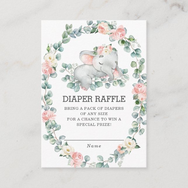 Elephant Floral Eucalyptus Greenery Diaper Raffle Enclosure Card (Front)
