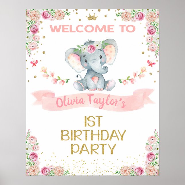 Elephant Floral First Birthday Welcome sign (Front)