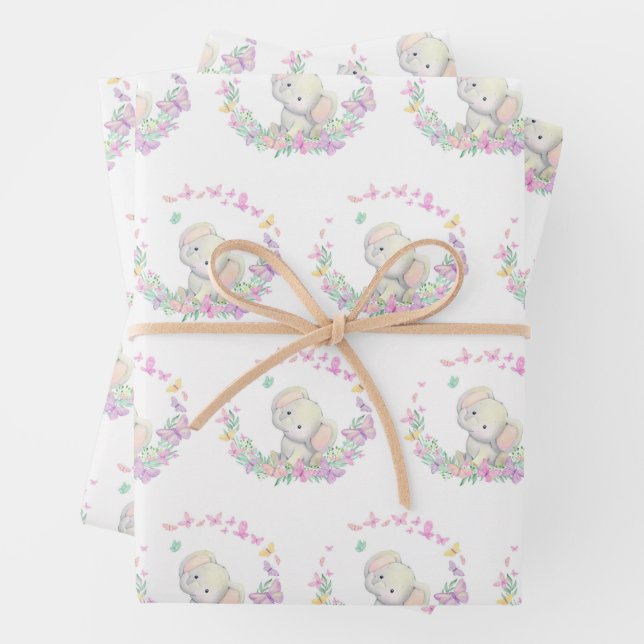 Elephant Floral Flowers Baby Shower Birthday Wrapping Paper Sheet (In situ)