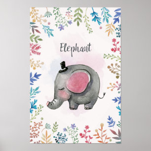 Elephant floral frame watercolor poster