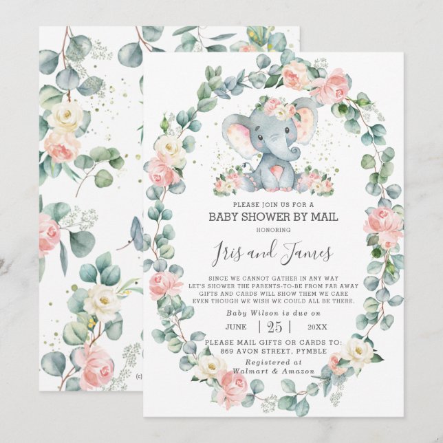 Elephant Floral Greenery Baby Shower by Mail Girl Invitation (Front/Back)