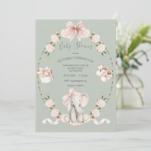 Elephant Floral Hydrangeas Sage Girl Baby Shower Invitation