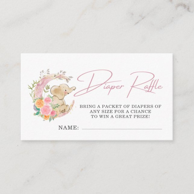 Elephant Floral Moon Baby Shower Diaper Raffle Enclosure Card (Front)