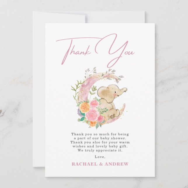 Elephant Floral Moon Baby Shower Thank You Card (Front)
