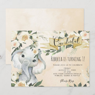 elephant floral onederful birthday invitation