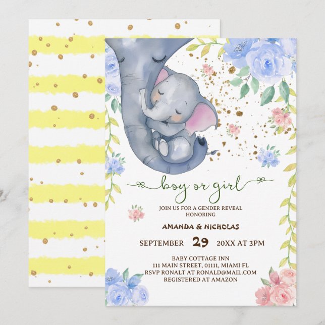 Elephant Floral Pink Blue Gender Reveal Invitation (Front/Back)