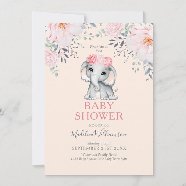Elephant Floral Pink Girl Baby Shower Invitation (Front)