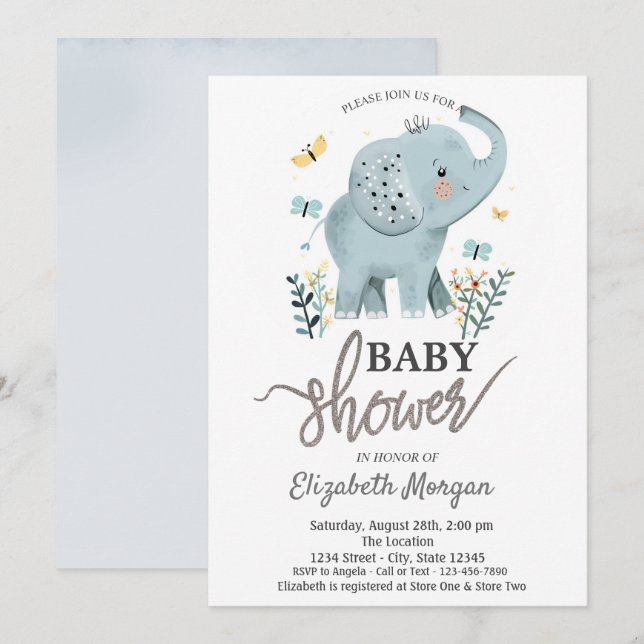 Elephant Flowers Butterflies Baby Shower  Invitation (Front/Back)