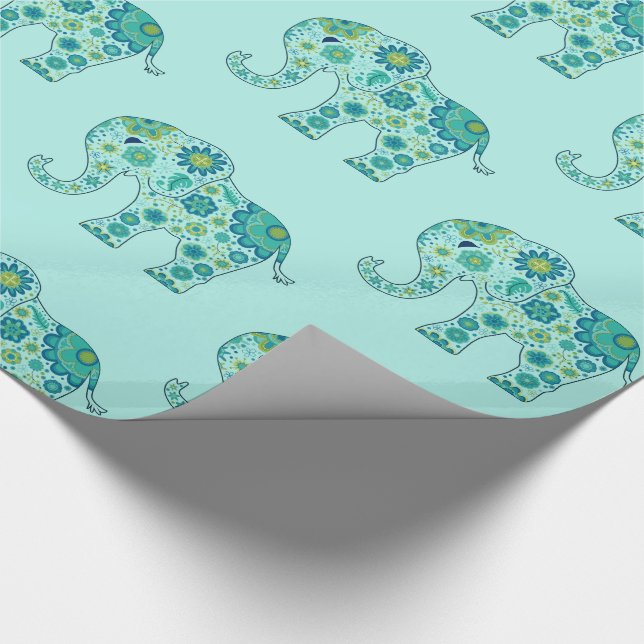 Elephant Flowers Teal Wrapping Paper (Corner)