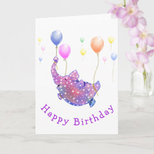 Elephant Flying Colourful Balloons Birthday Card