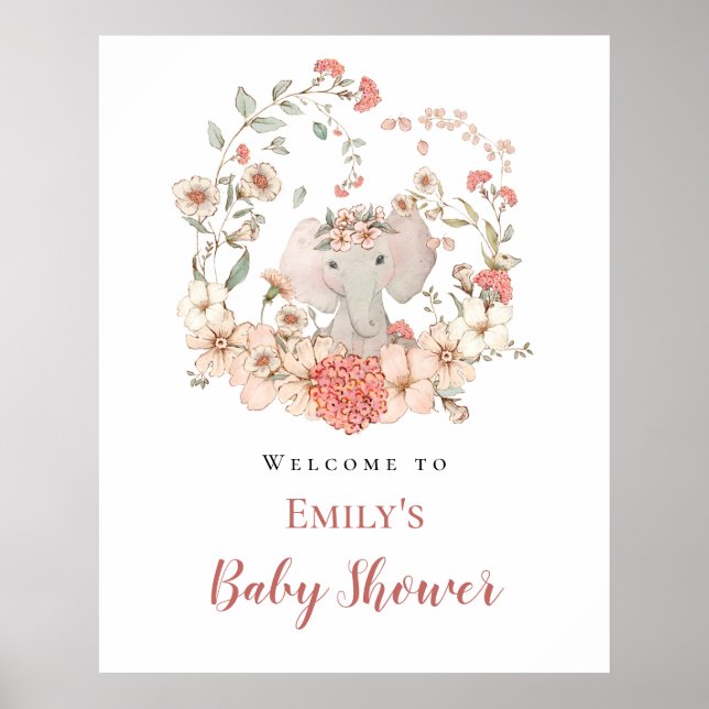 Elephant Foliage Peach Welcome Baby Shower  Poster (Front)