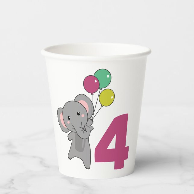 Elephant Fourth Birthday Balloons For Kids Paper Cups (Front)