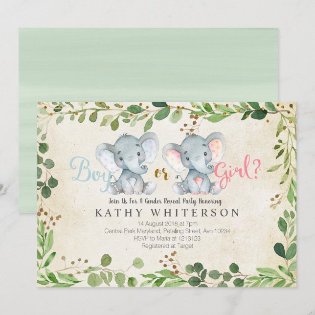 Elephant gender reveal Invitation Greneery (Front/Back)