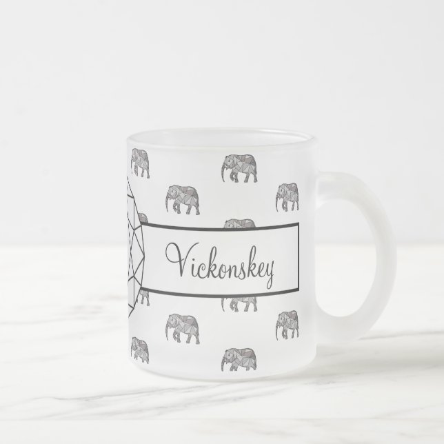 Elephant Geometric  Monogram Black and White Frosted Glass Coffee Mug (Right)