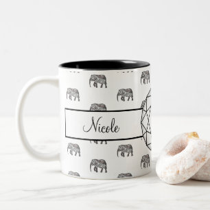 Elephant Geometric  Monogram Black and White Two-Tone Coffee Mug