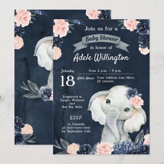 Elephant Gift Watercolor Floral Navy Pink Baby Invitation (Front/Back)