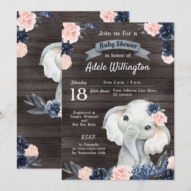 Elephant Gift Watercolor Floral Navy Pink Wooden Invitation (Front/Back)