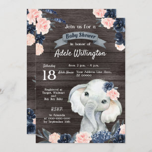 Elephant Gift Watercolor Floral Navy Pink Wooden Invitation