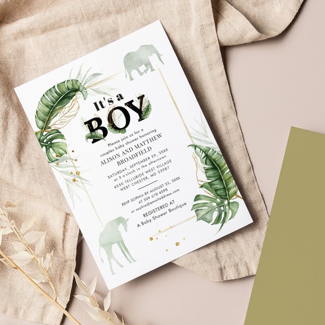 Elephant Giraffe Couples Safari Boy Baby Shower Invitation (Jungle Safari Animals Botanical Boy Baby Shower Invitation)