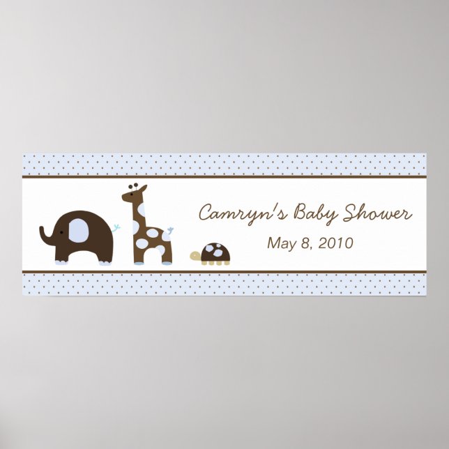 Elephant & Giraffe in Blue Baby Shower Banner Poster (Front)