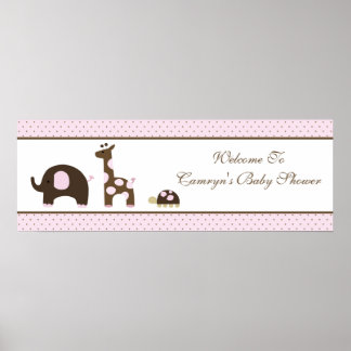 Elephant & Giraffe in pink Baby Shower Banner Poster