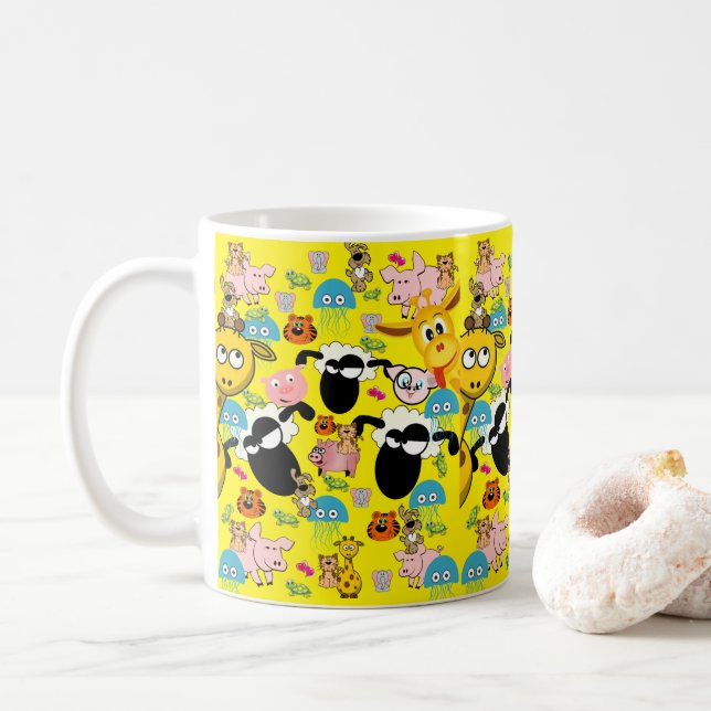 Elephant, Giraffe, Pigs, Dogs Yellow Mug (With Donut)