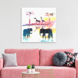 Elephant, Giraffe Safari Sunset Art Canvas Print