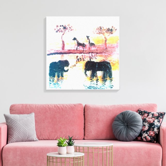 Elephant, Giraffe Safari Sunset Art Canvas Print (Insitu(LivingRoom))