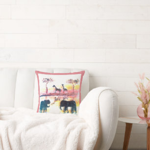 Elephant, Giraffe Safari Sunset Art Cushion