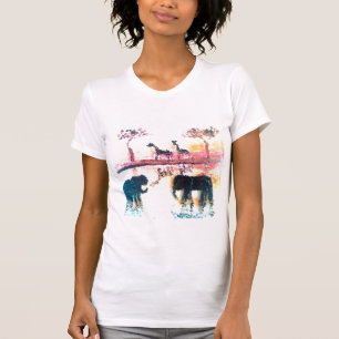Elephant, Giraffe Safari Sunset Art T-Shirt