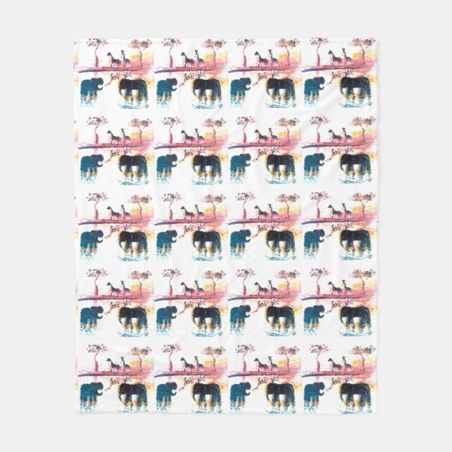Elephant, Giraffe Safari Sunset Wildlife Pattern Fleece Blanket (Front)