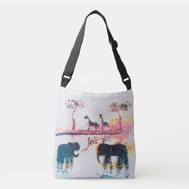 Elephant, Giraffe Sunset Art Personalised Crossbody Bag (Front)