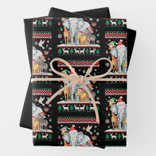 Elephant Giraffe Zebra Jungle Zoo Ugly Christmas Wrapping Paper Sheet
