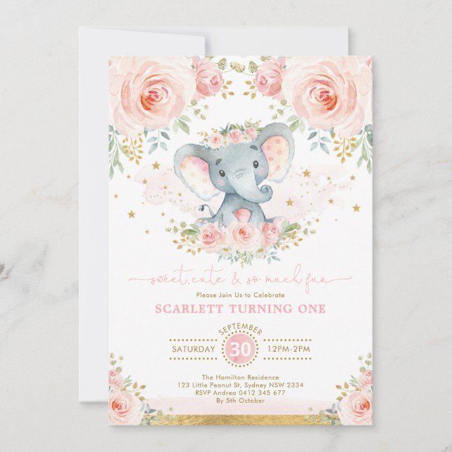 Elephant Girl 1st Birthday Blush Pink Gold Floral Invitation (Front)