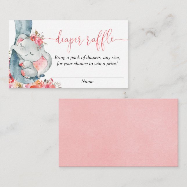 Elephant girl baby shower diaper raffle cards (Front/Back)