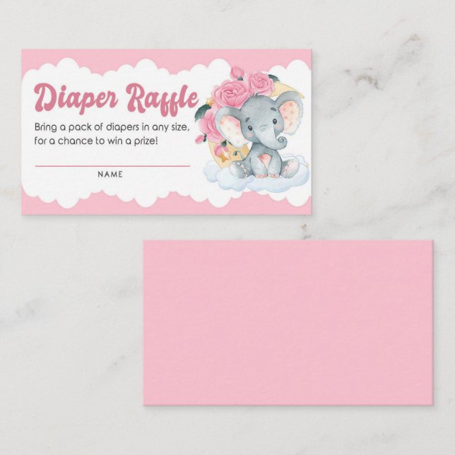 Elephant Girl Baby Shower Diaper Raffle Ticket Enclosure Card (Front/Back)